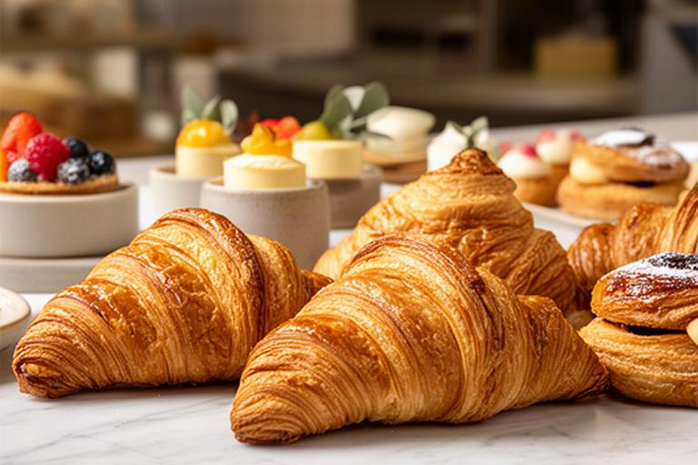 Goudbruine croissants en kleine patisserie op een marmeren toonbank in Heerlen