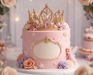 Roze prinsessentaart met gouden kroon, bloemen en zachte decoratie voor een kinderfeest